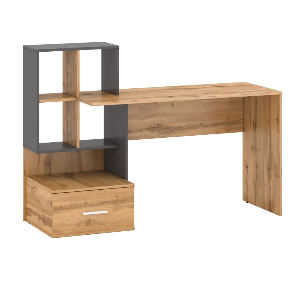 Biurko z bocznym regałem i półkami dąb