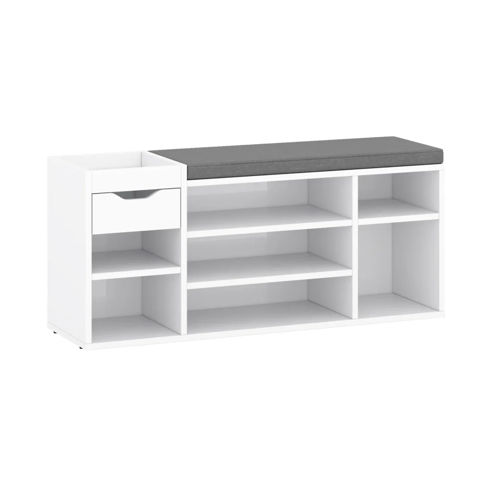 Półka dla butów z siedziskiem i otwartymi półkami biały